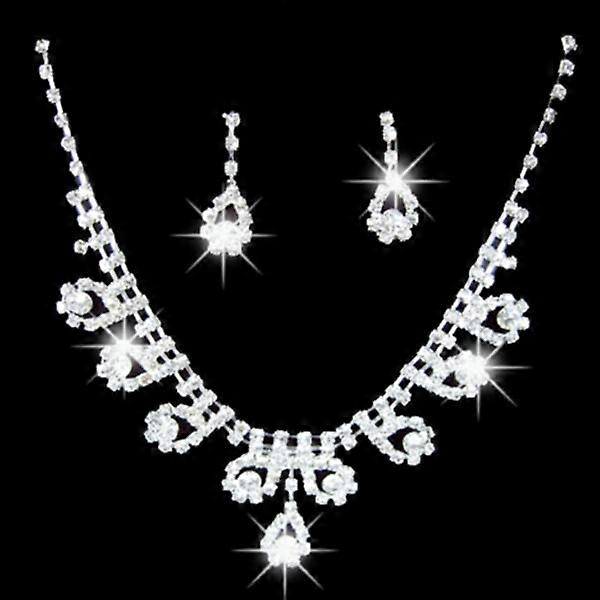 Strass Schmuckset mit weißen Strasssteinen - Halskette & Ohrringe Silber