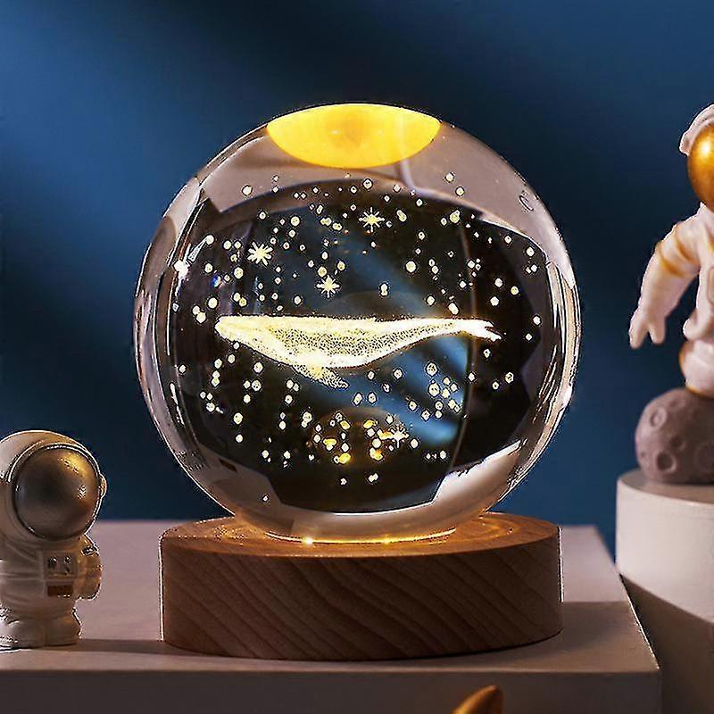 3d Planet Boule de cristal avec base en bois, 3d Cristal Led Night Light, espace Galaxy Crystal Ball Ornement pour la maison