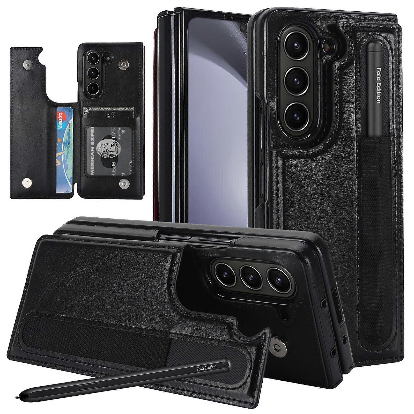 Z Fold 6 Wallet Case with Credit Card Holder and S-Pen Holder, Leather Magnetic Clasp Kickstand Heavy Duty Protective Cover