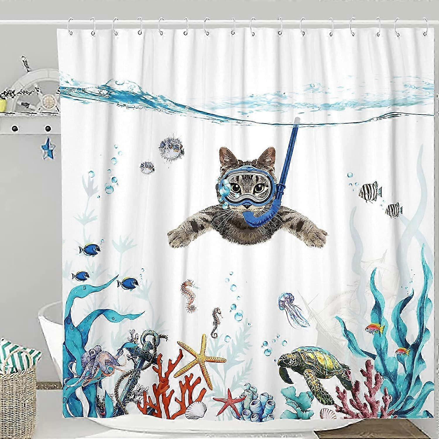 Douchegordijn 180 x 180 cm Diving Cat Ocean