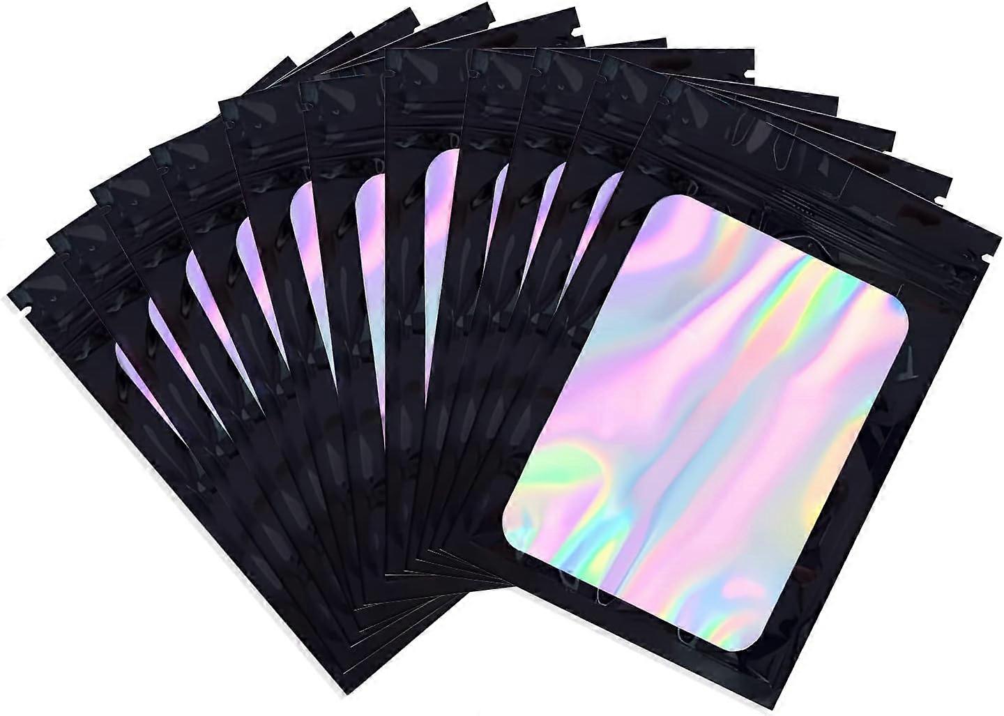 100 Pcs (Black and Holographic Color,9x16cm) Resealable Aluminum Plastic Zip Pouch with Holographic Style Transparent Windows, Food Pouch