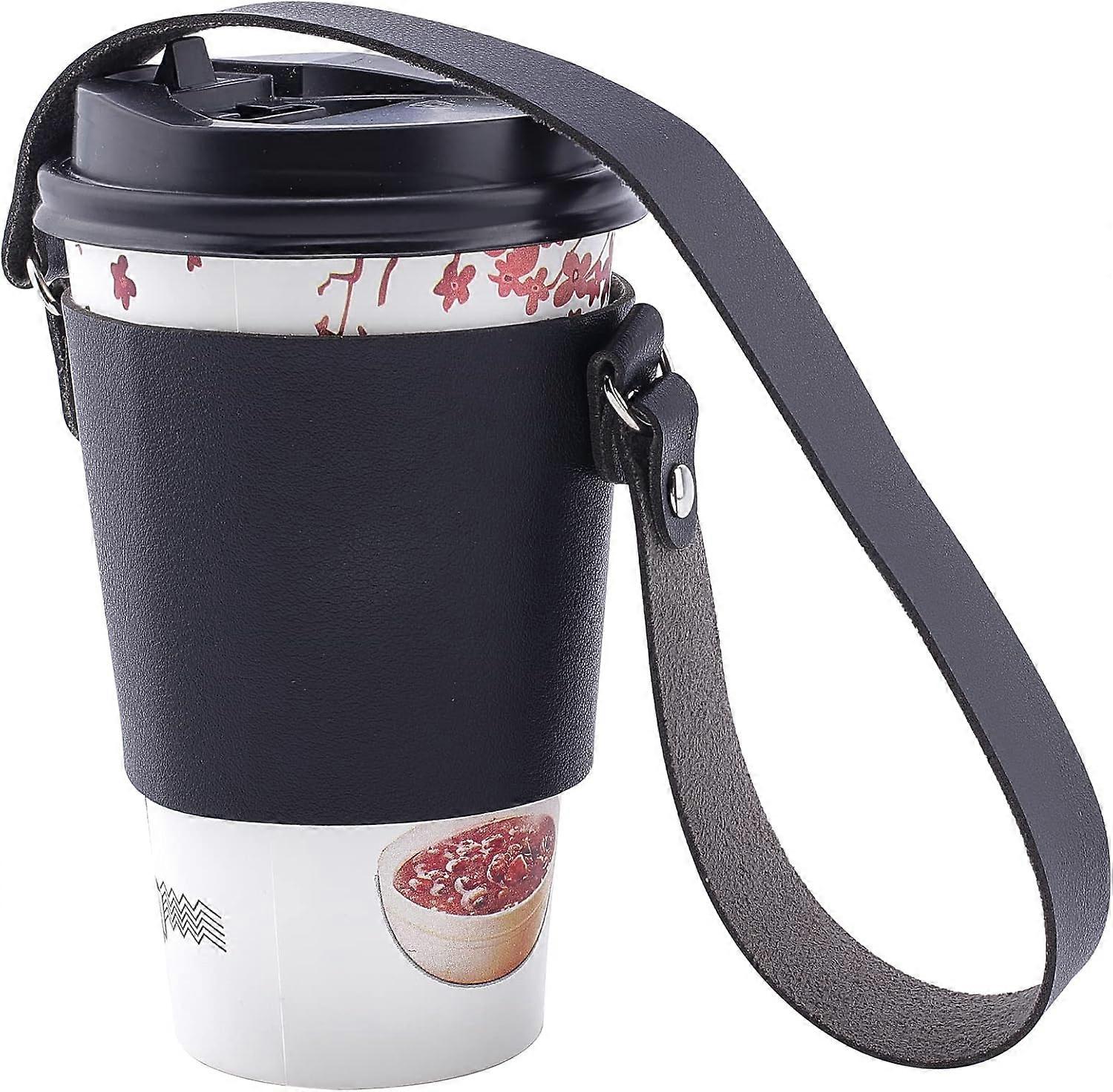 Läder Kaffekopphållare Med Handtag PU Läder Värmebeständig Återanvändbar Takeout Dryck Bärare Bärbar Ärm För Varm Kall Dryck Svart För DIY
