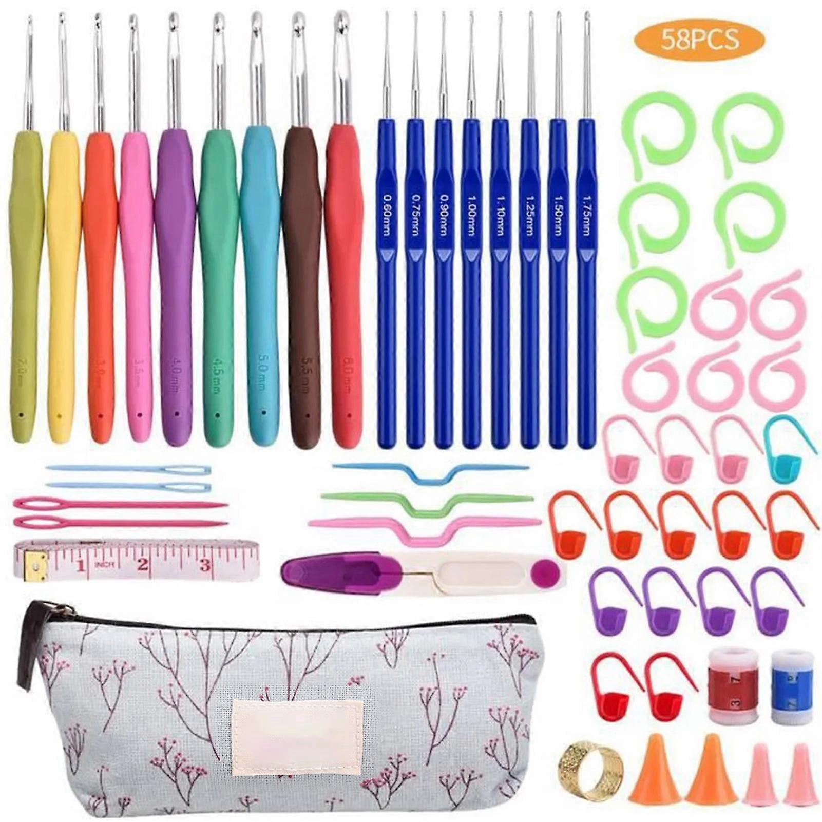 58Pcs/Set Crochet Needles Kit Multi-sizes Multiple Accessories with Bag DIY TPR Soft Handle Crochet Knitting Hook Tools for Mom mengxi
