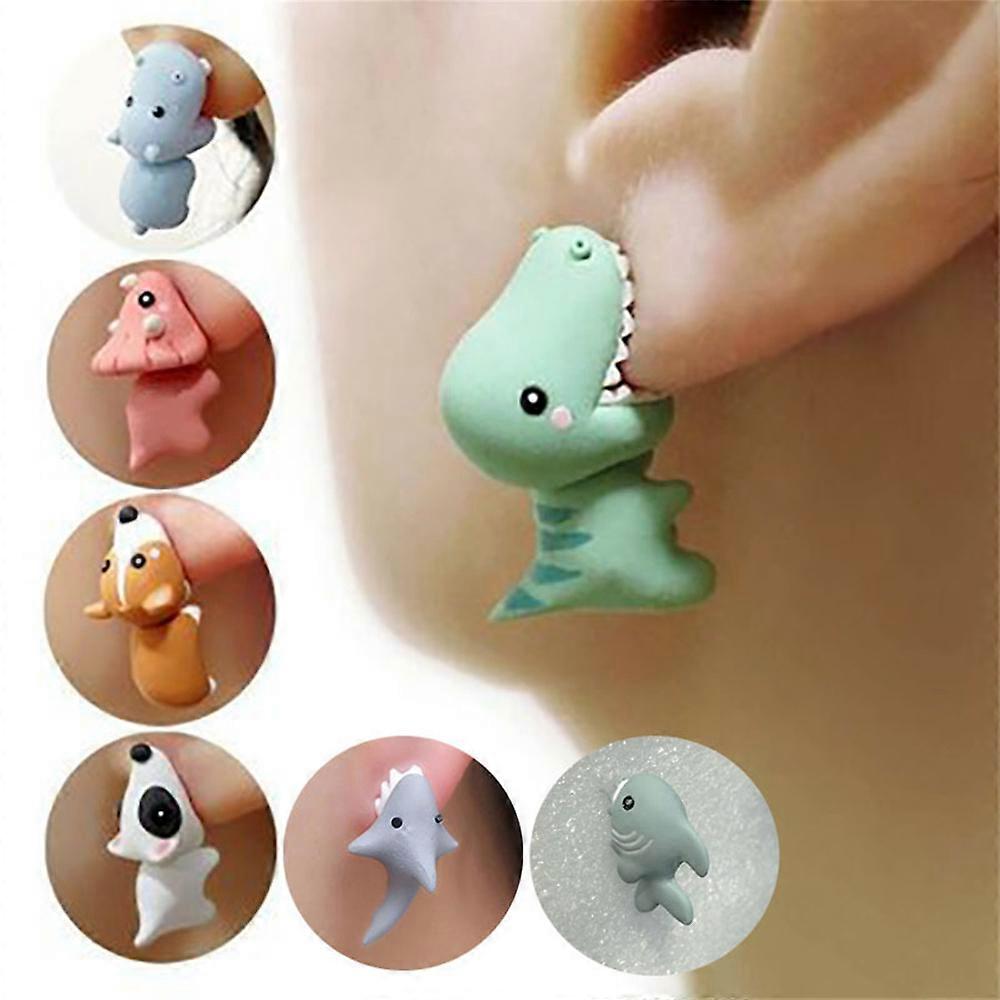 3 Pairs Cute Animal Bite Earring 3d Clay Cartoon Piercing Earstud Dinosaur