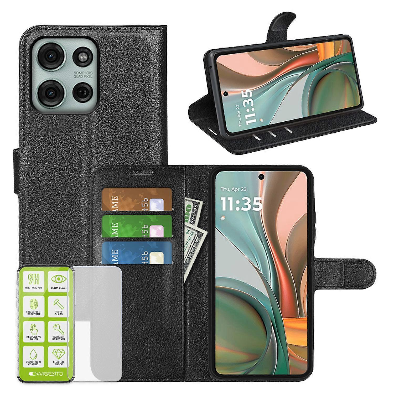 For Motorola Moto G75 5G Faux Leather Book Wallet Case + H9 Tempered Glass