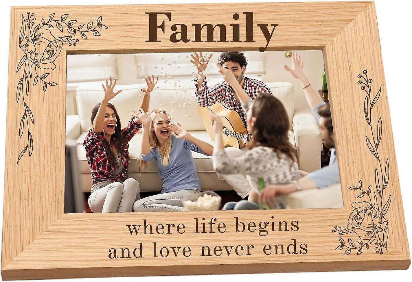 Engraved Frame Natural Picture Photo Frame - Family Where Life Begins And Love Never Ends Tabletop 4" x 6" Horizontal for Home Tabletop Decor