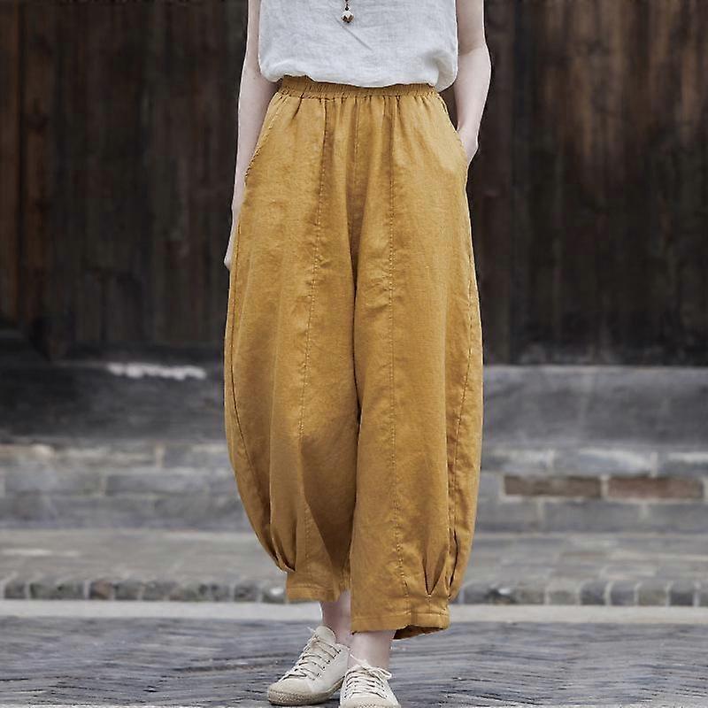 Johnature Kvinnor Vintage Bloomers Byxor Elastisk midja Ensfärgat Linne Byxa Höst Casual Ankellånga Byxor