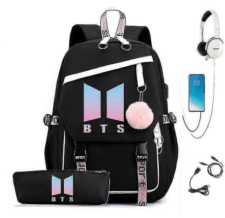 كوريا Bts حقيبة ظهر مع حقيبة مدرسية قماشية USB Port متوافقة مع الأولاد والبنات حقيبة سفر عارضة Mochilas