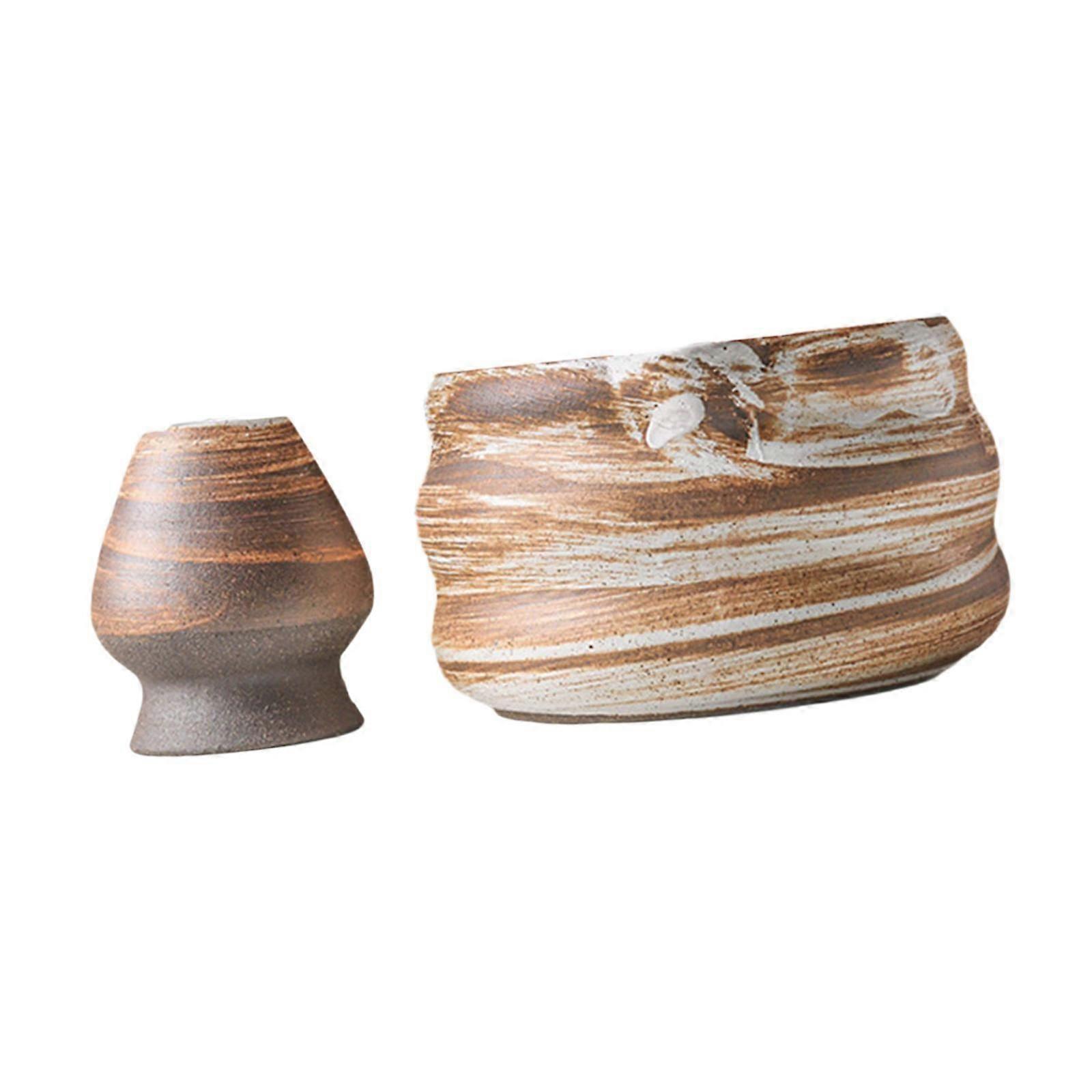 2 Pieces Matcha Bowl with Whisk Stand Porcelain for Family Beverage Beginner brown and white