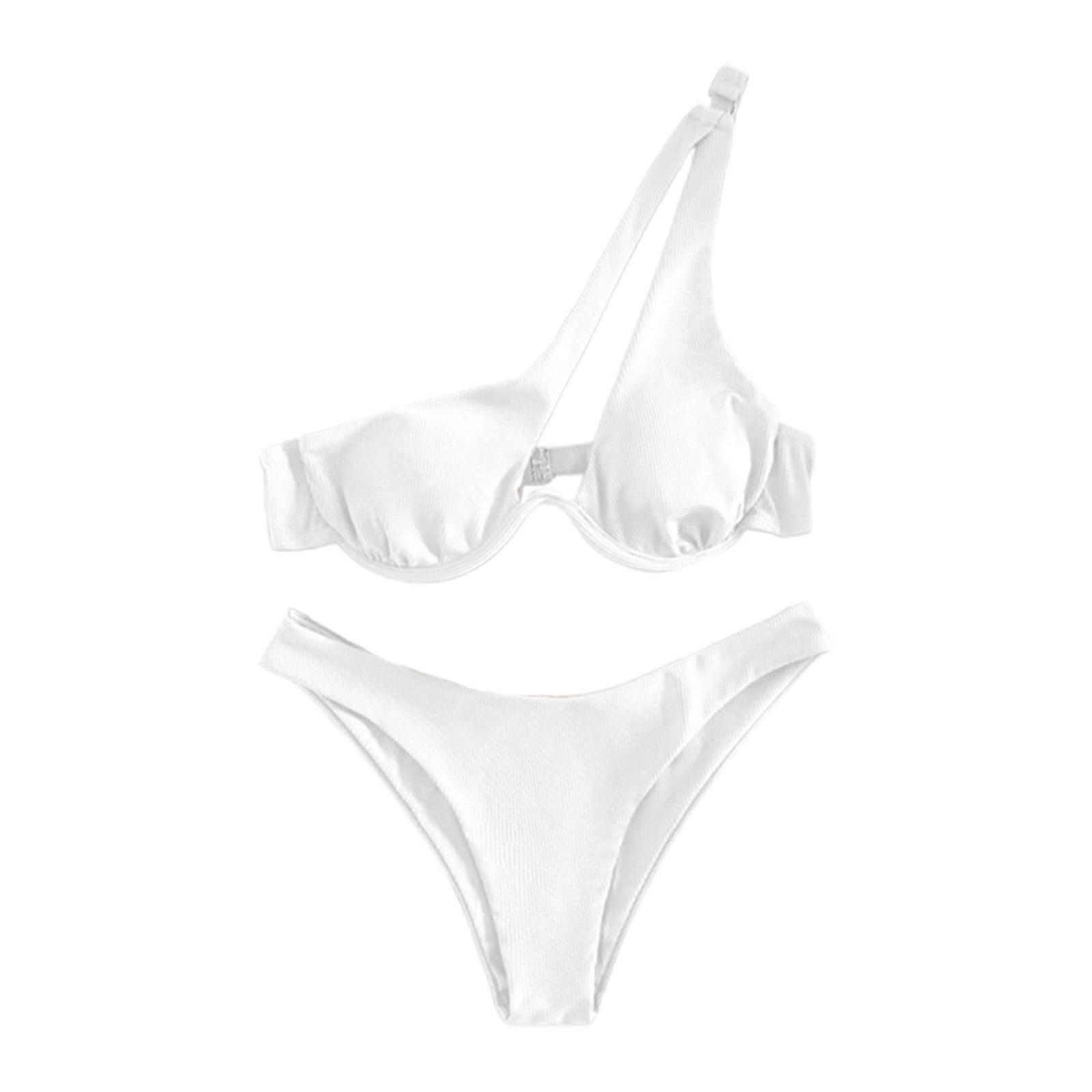 Femmes Sexy Bikinis Maillots de Bain Découpés Maillots de Bain Une Épaule Maillots De Bain Coupe Haute Maillots De Bain Push Up Plage Bikinis Ensembles Blanc M