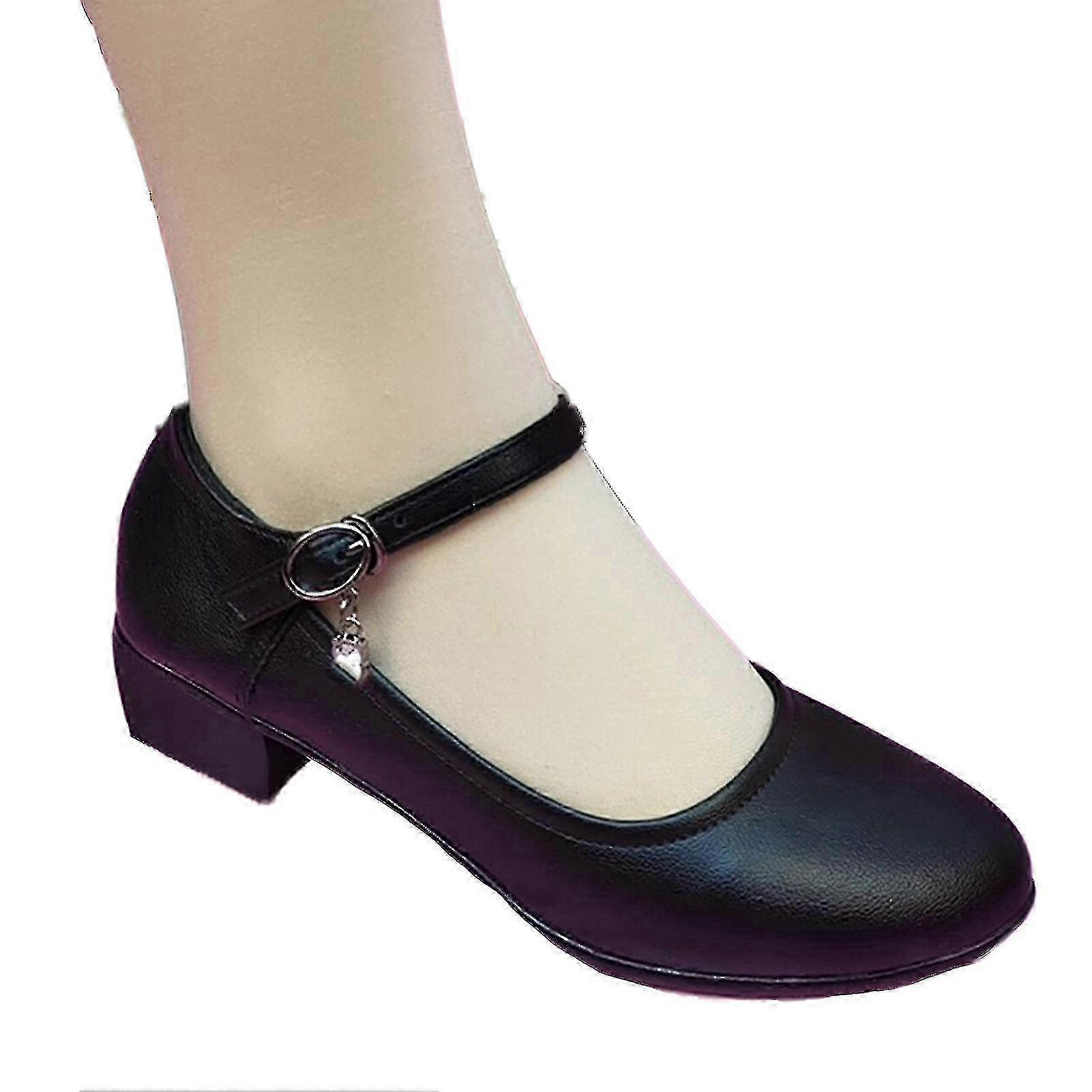 Elderly Low Heel Dance Shoes Black Leather for Walking & Dancing