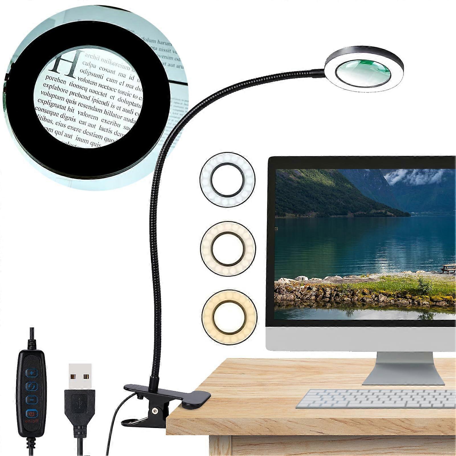 Desk Magnifying Glass with Light 10x Magnification, 3 LEDs, 10-Color Adjustable Brightness, Flexible Gooseneck, Craft
