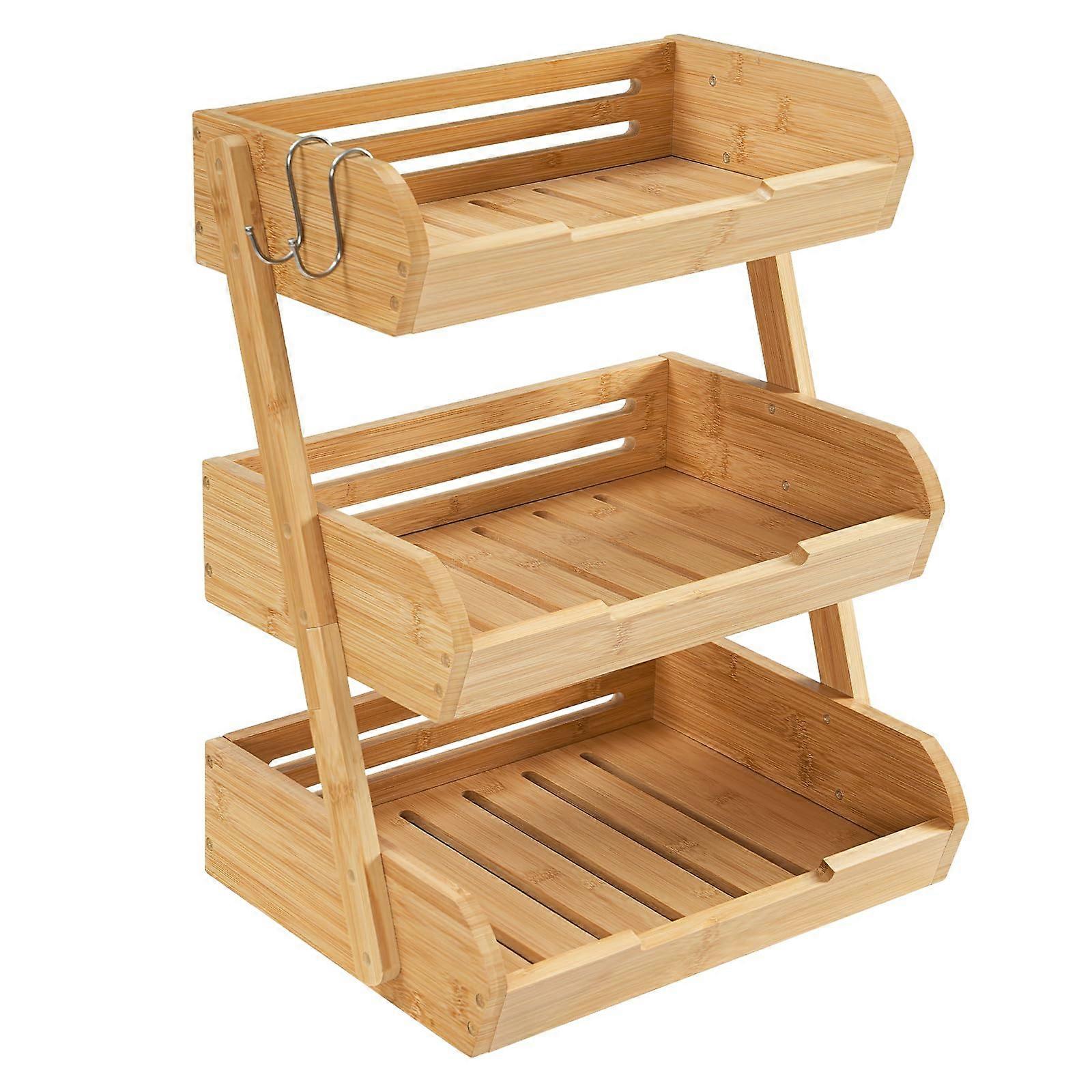 Bamboo 3 Tier Fruit Basket Stand YL02SG01 Countertop With 2 Detachable Hooks Bread And Snack Organizer Natural