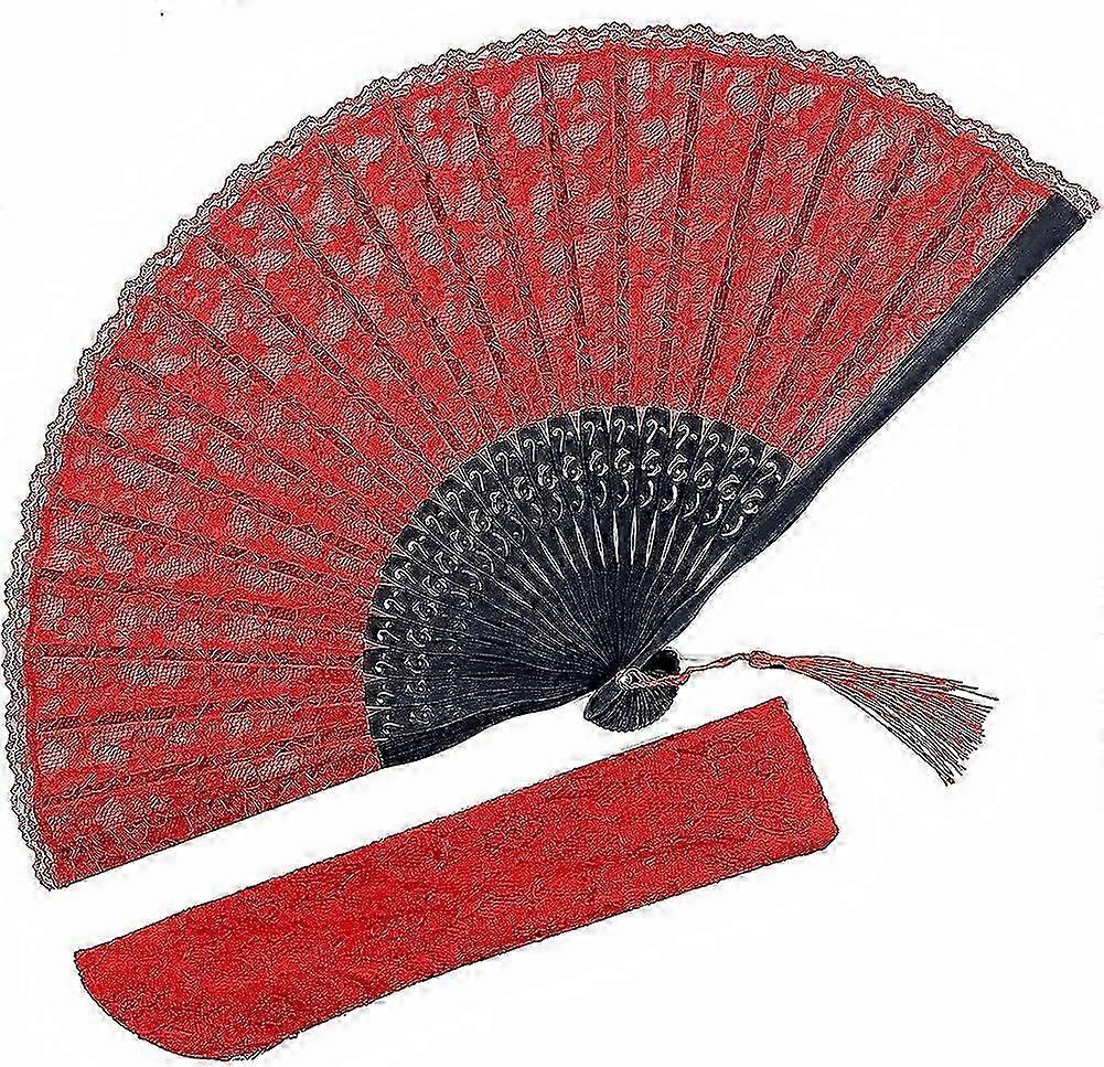 Elegant Eastern Wind Red Lace Folding Fan for Women's Wedding