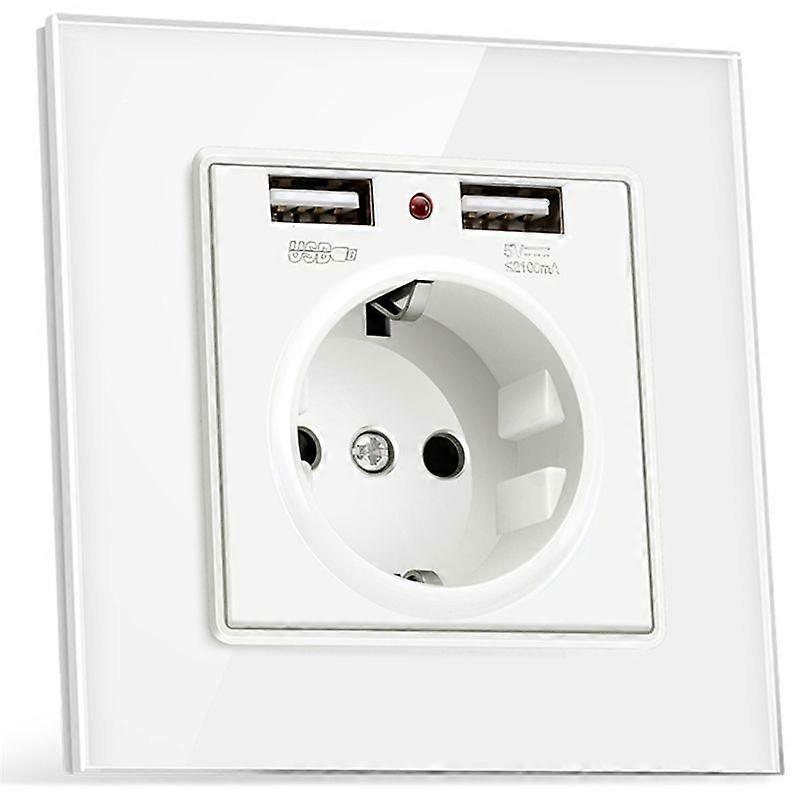 Eu Plug Power Socket Wall Electrical Outlets 230V 16A + 2 USB Chargers 5V 2.1A Glass Panel White German Socket