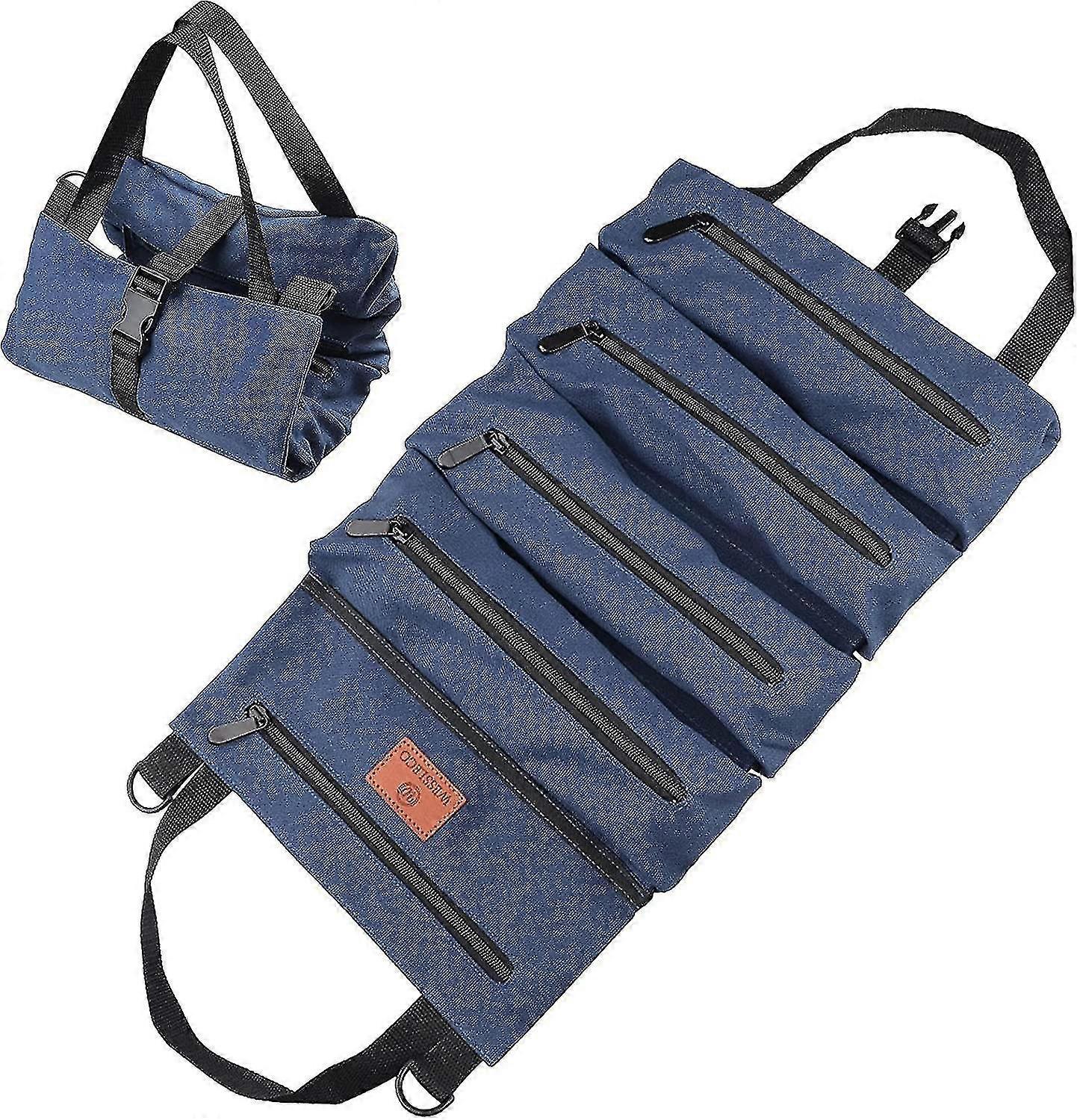 Super Canvas Tool Bag With 5 Zippered Pockets, Roll Bag For Electrician, Heating, Air Conditioning, Plumber, Carpenter Or Mechanicblue