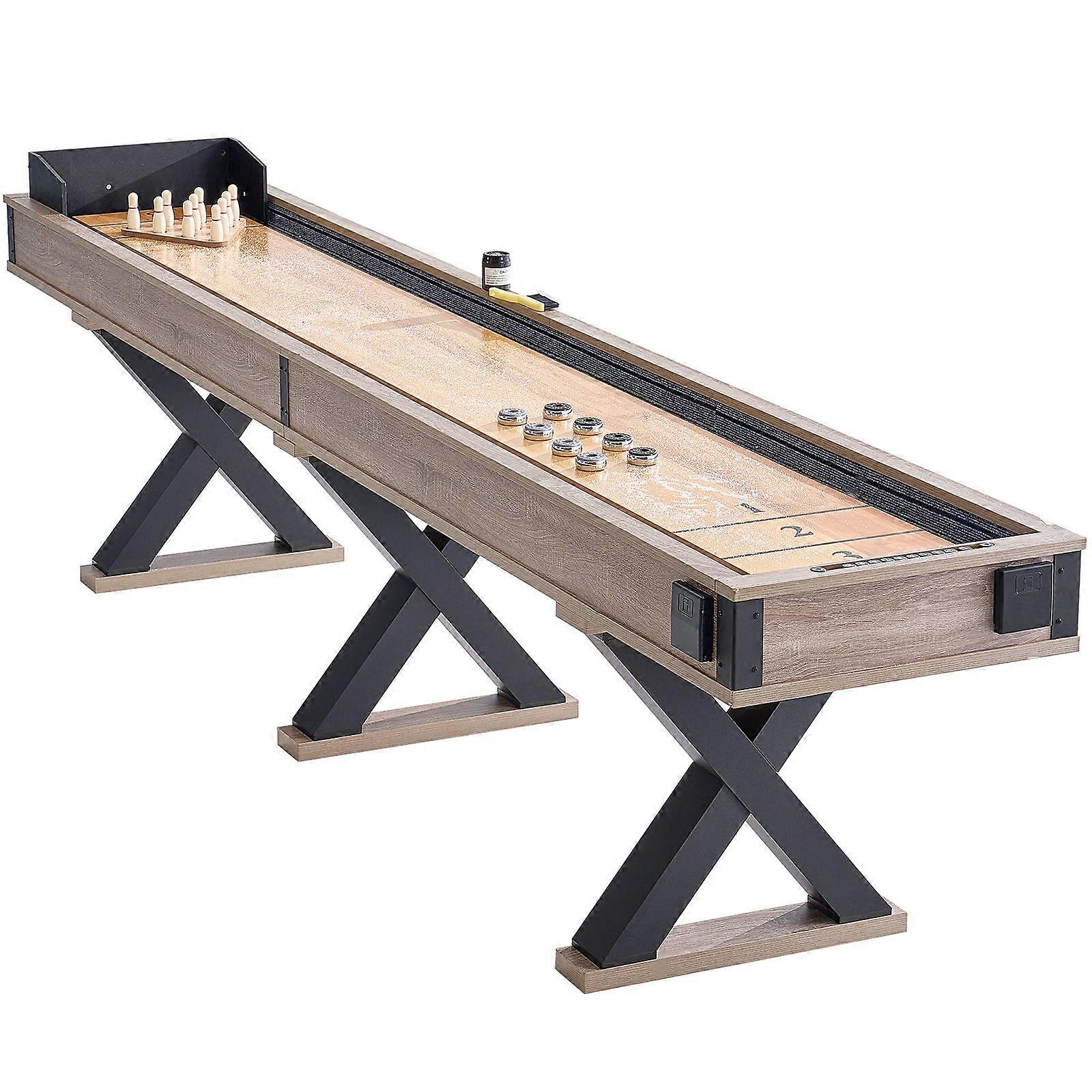 Shuffleboard Table, 11.5 ft Shuffleboard, 2 in 1 Game Set, Scratch-Resistant Playfield, Legs, 8 Pucks, Bowling Set, Wax, and Table Brush