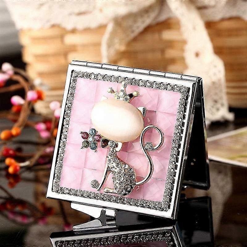 Mini Portable Folding Makeup Mirror Suitable for Opal Fox Design With Diamond Accents