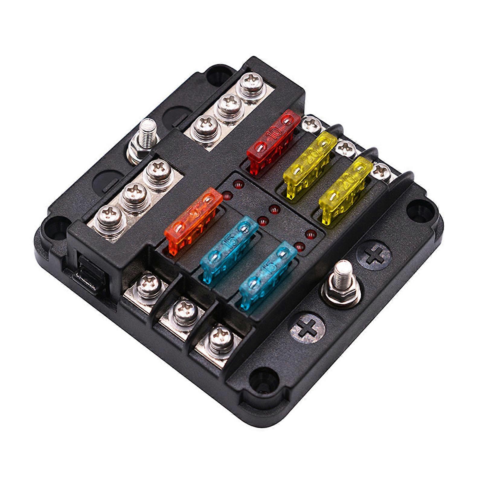 Blade Fuse Block Box Holder Circuits Terminal Block with LED Indicator Dampproof 6 Way for Automotive-Car Boat-Marine RV