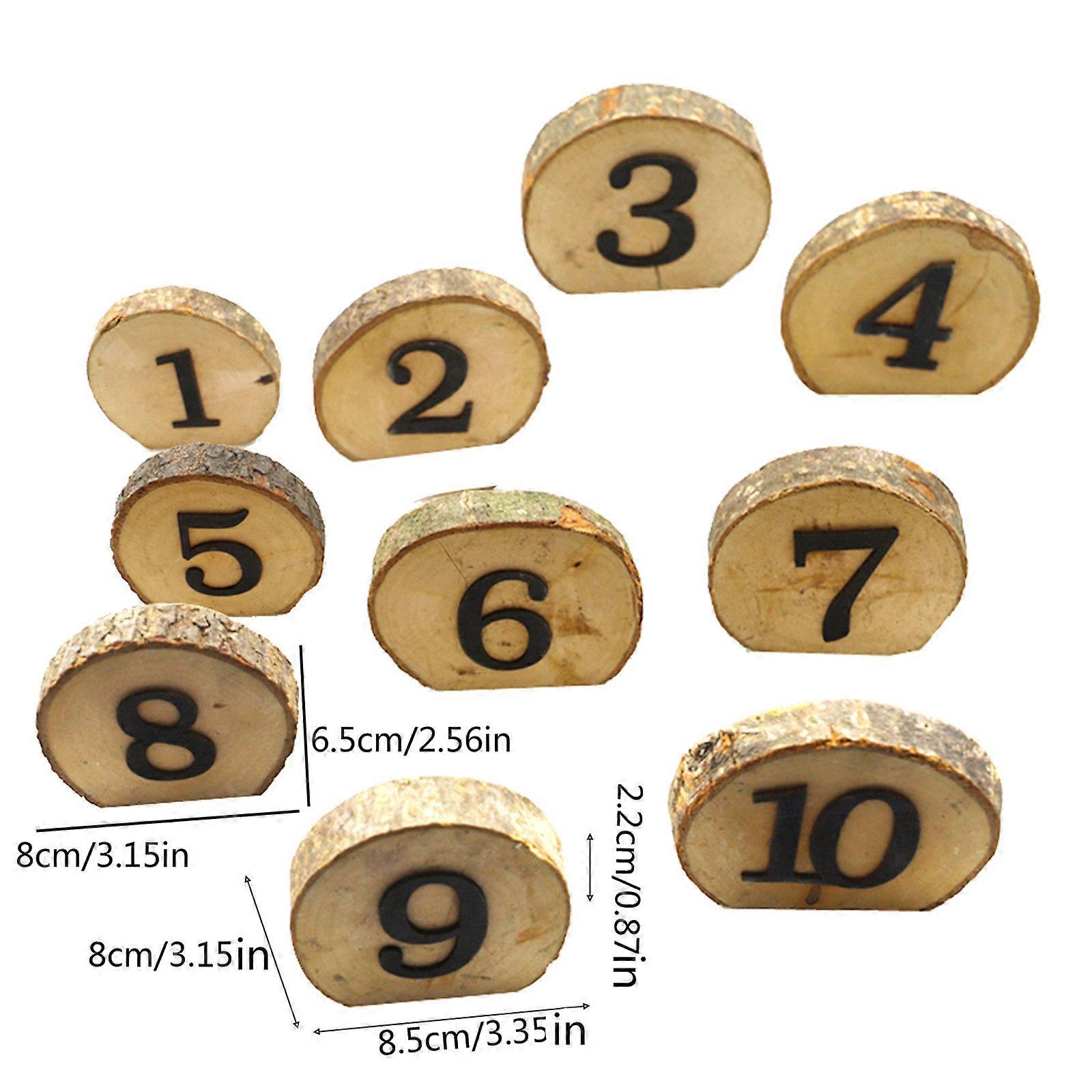 10Pcs 1-10 Rustic Wedding Table Numbers Round Wooden Log Slice Tree Bark Ornament for Seat Digtal Card Banquet Party Dec