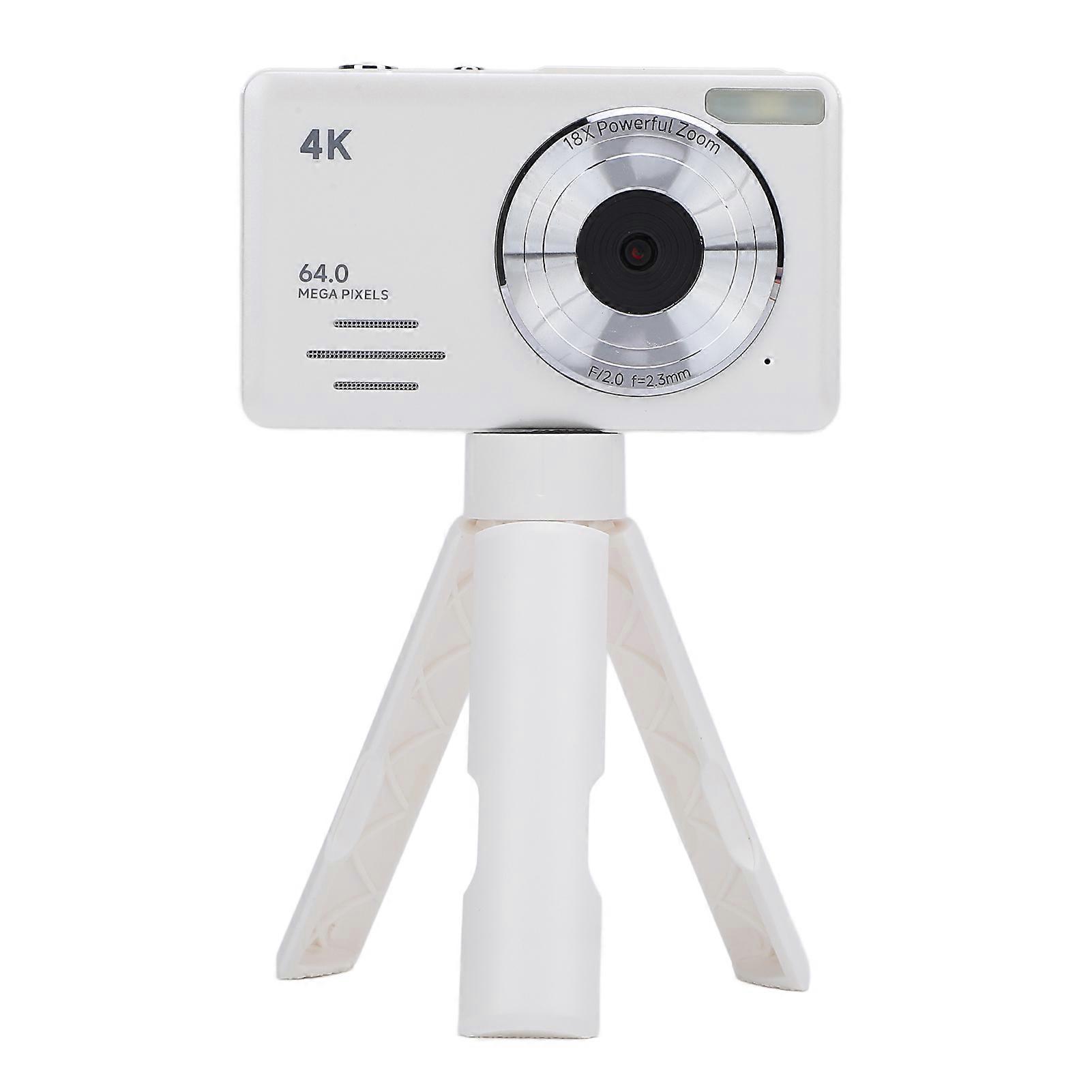 Câmera digital 4K 64MP com zoom digital de 18X Foco automático Câmera pequena compacta Vários filtros Gravação em loop Câmera lenta Fotografia com lapso de tempo Branco 