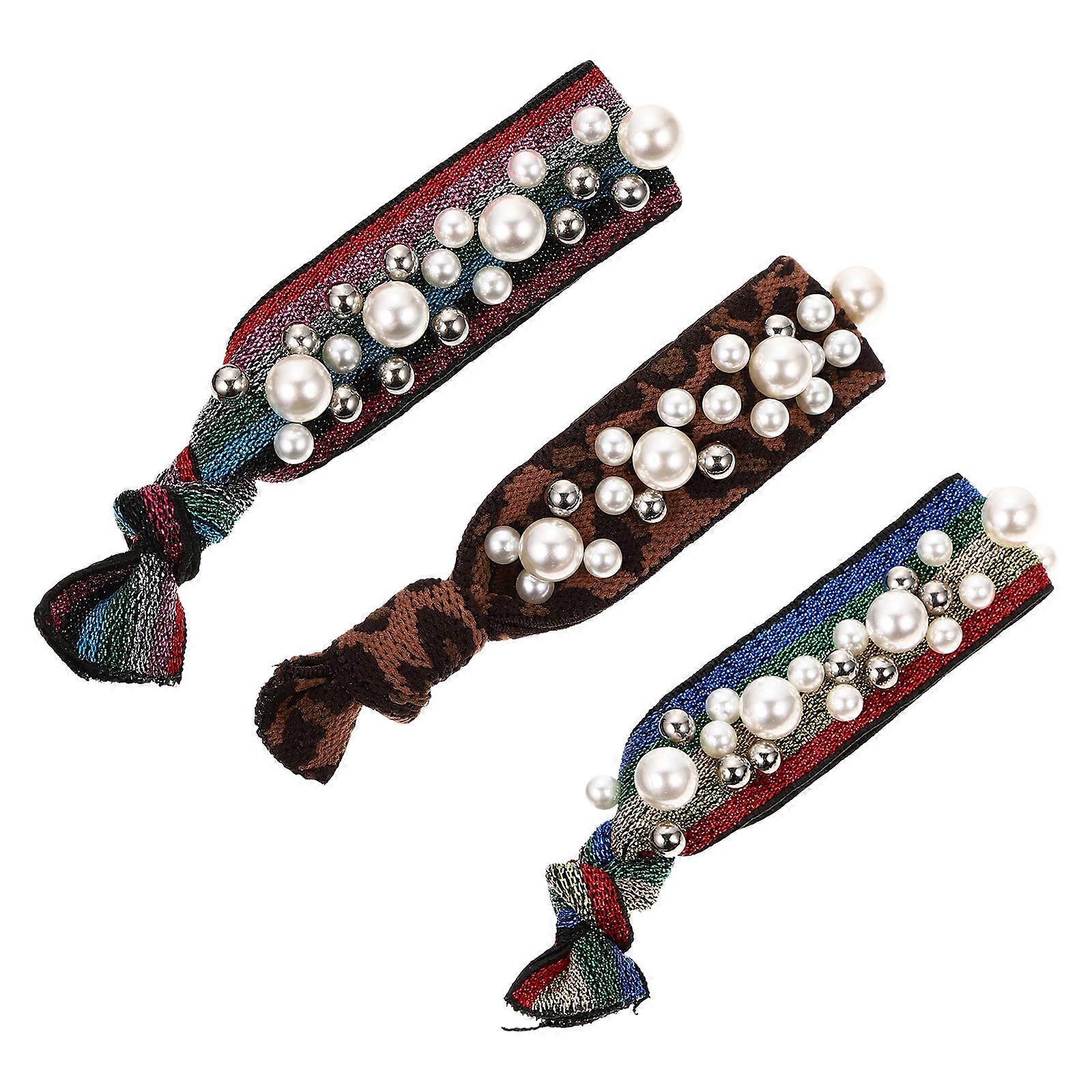 3pcs Elastic Hair Ties with Pearl Leopard Print, Decorative Ponytail Holders for Women, Stylish Random Designs