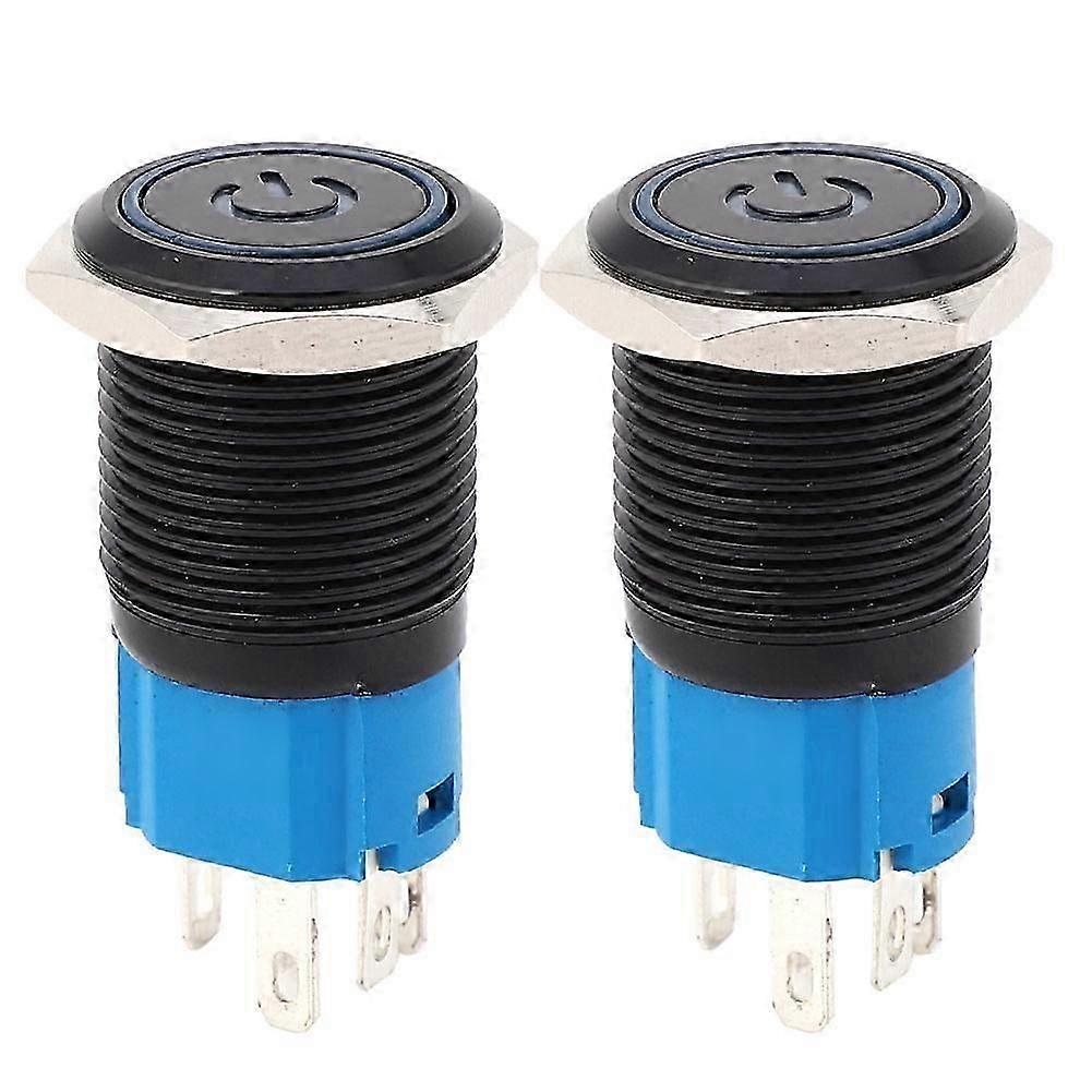 2pcs שחור נעילה עצמית מתג מתכת IP65 הגנה עם מנורת LED סמל 16mm (כחול 220VAC)