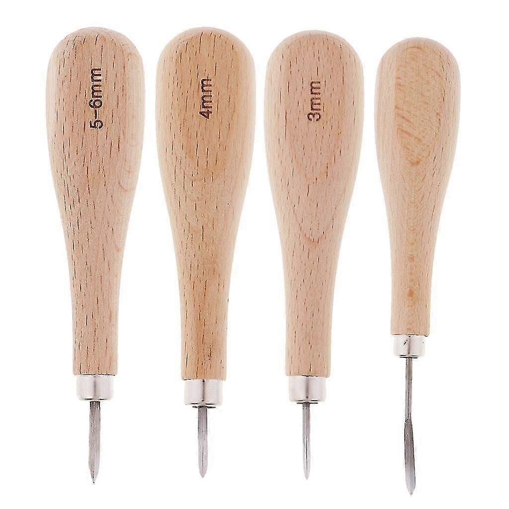 4 Pieces Wooden Handle Leather Stitcher Sewing Steel Awl for Leather Crafts