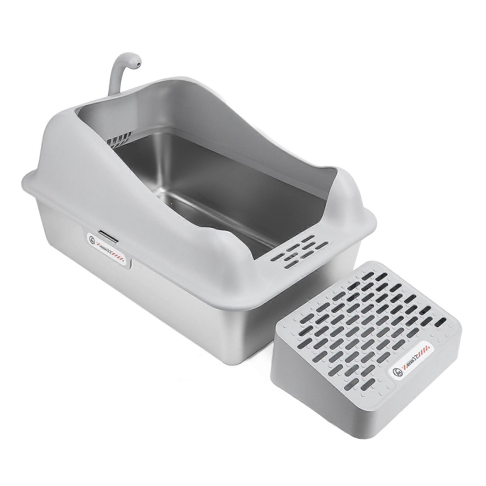 Stainless Steel Cat Litter Box, Anti-Splash, Large Semi-Enclosed Litter Tray with Odor Control and Scoop