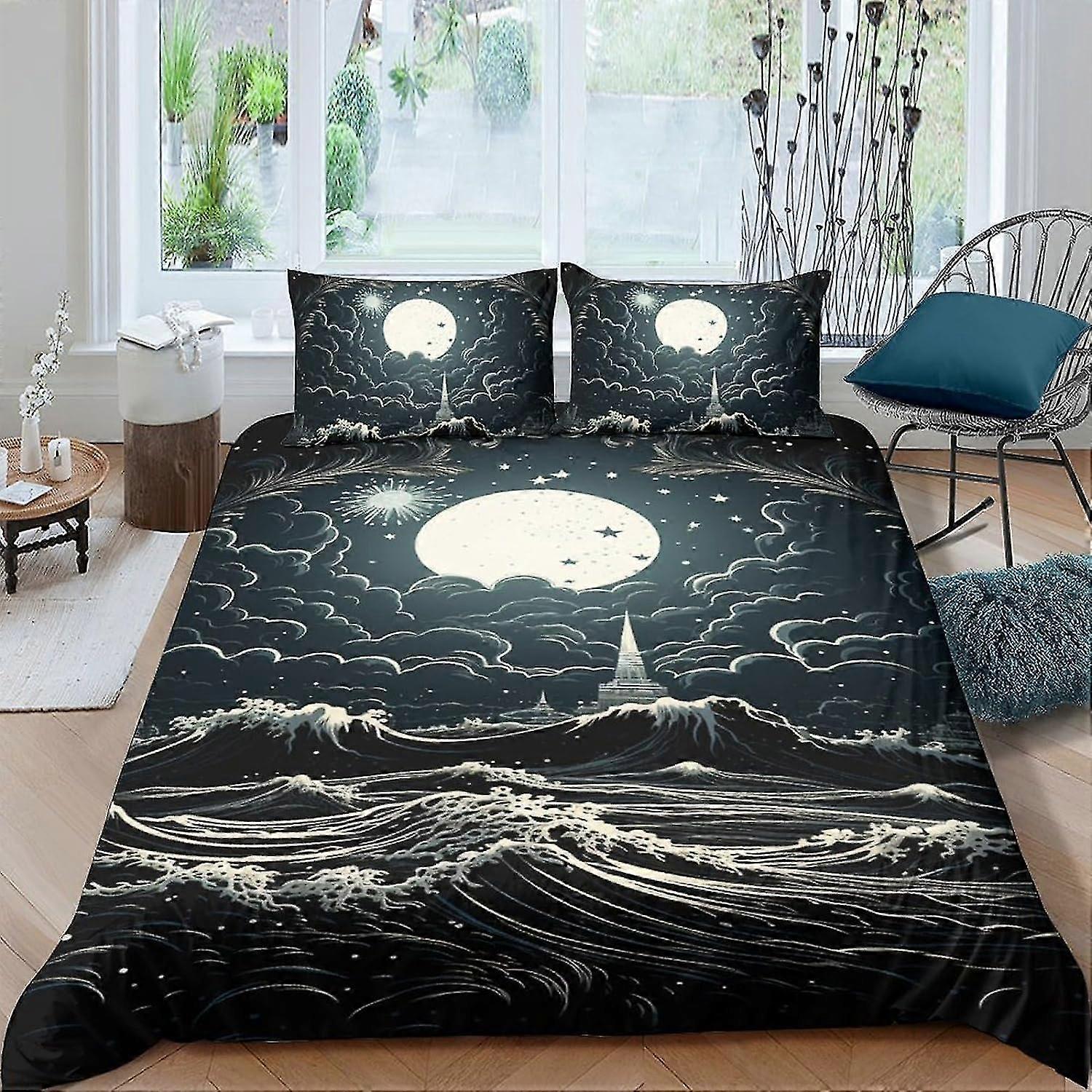 Ocean Moon Conjunto de Cama Capa de Edredão 3D Colcha 3 Peças Capa de Colcha com Fecho de Zíper Microfibra Macia para Crianças