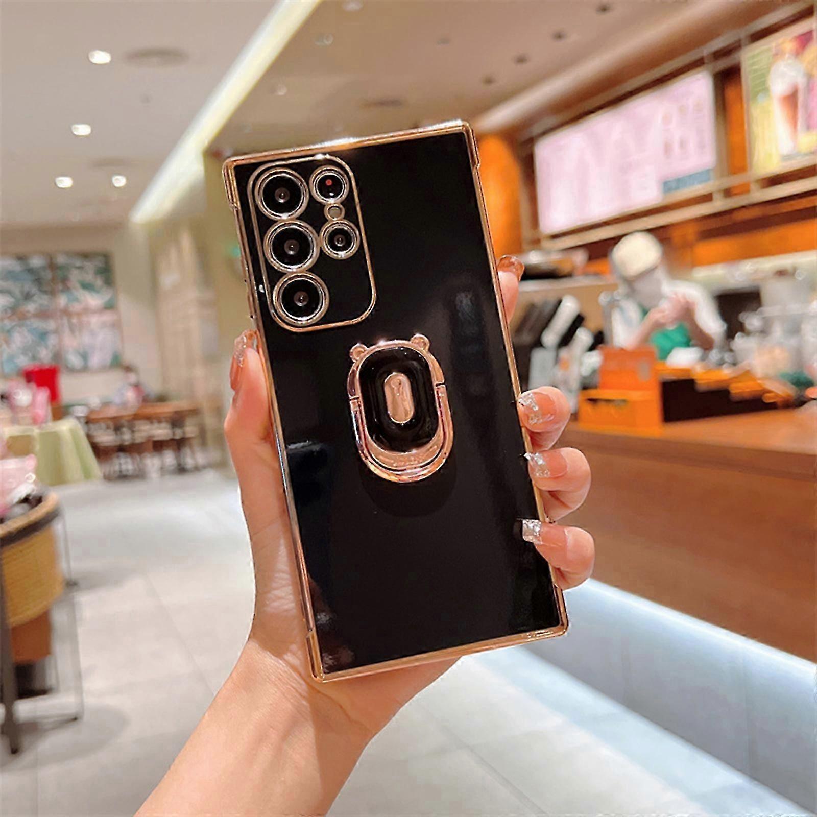 Samsung Galaxy S24 Ultra Kılıf için Sevimli Ayı Standı Halka Tutucu, Tam Kamera Lens Koruma Kapağı, Yumuşak TPU Lüks Kalp Kaplama Kılıfı