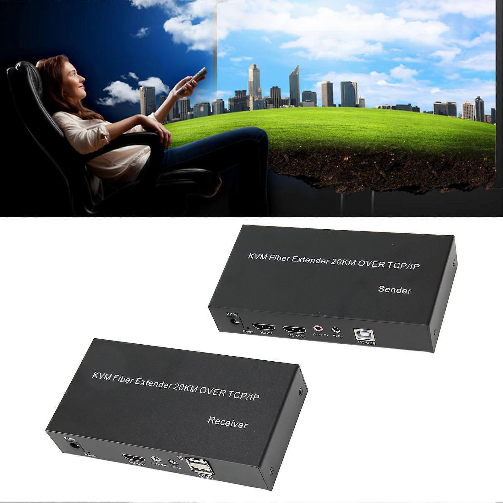 HD KVM Extender 20KM Single Mode Fiber 1080P 60Hz 0 Latency Local Output KVM Fiber Extender for Computer 100‑240V EU Plug 