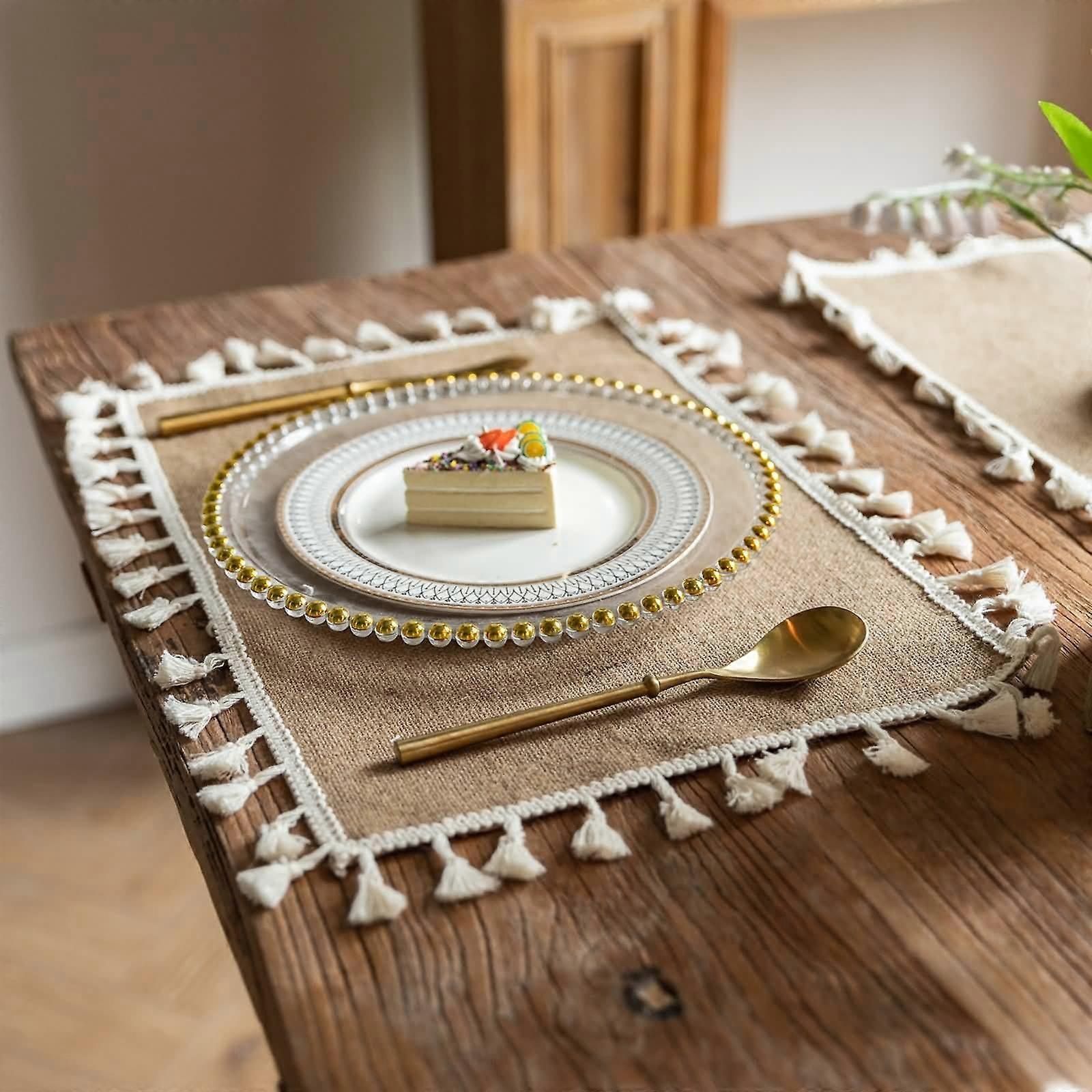 Washable Rectangular Placemat Set, 2Piece Farmhouse Style with Tassel, 45x30cm (Brown Beige)
