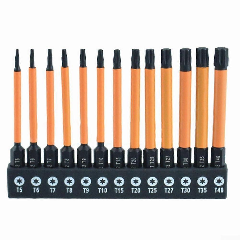 A complete set of thirteen magnetized screwdriver bits in a practical holder.