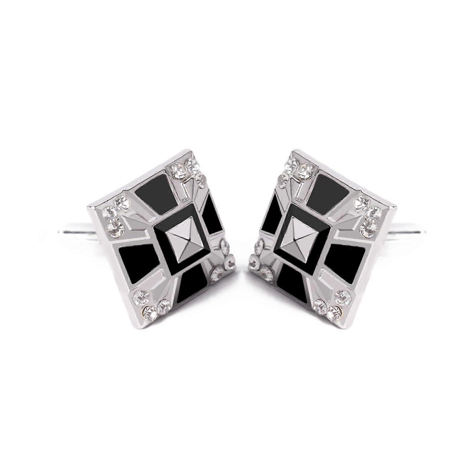 Cufflinks for Men Silver Black Square with White Round Zirconia for Business Wedding Gift Box Included