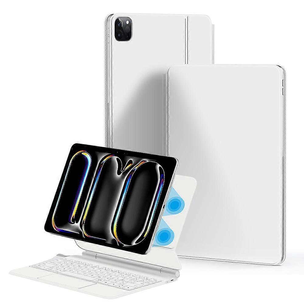 TKdaddy For iPad Pro 11 (2024) Floating Magnetic Bluetooth-Compatible Keyboard (Arabic) + Leather Tablet Case White