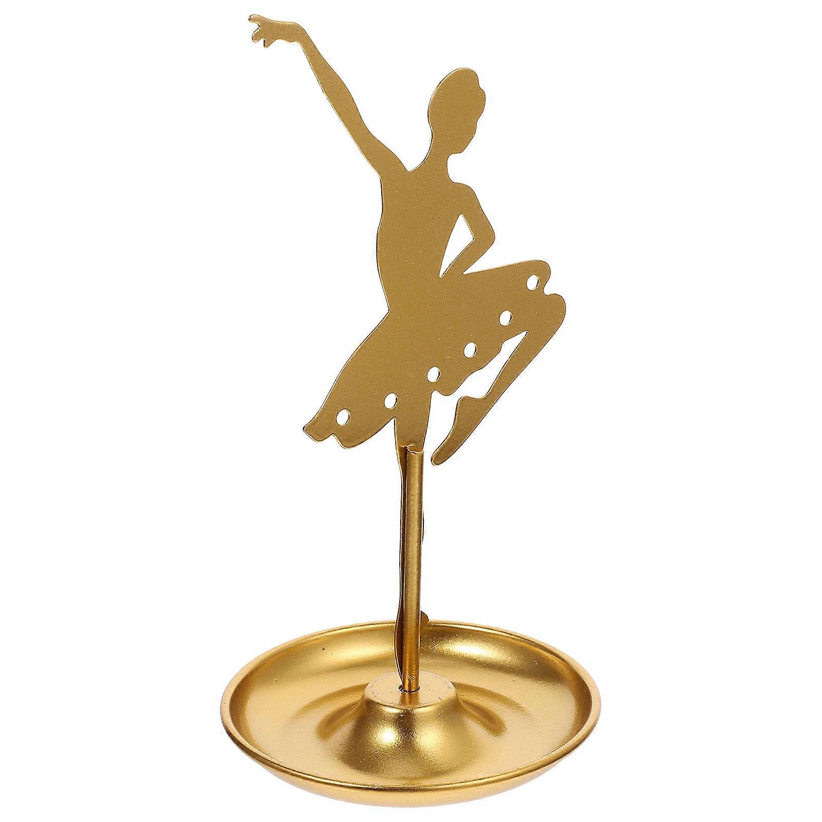 Golden Iron Jewelry Stand for Home with Tray and Multiple Holes Ballet Girl Shape 6.3 x 4.7 Inches