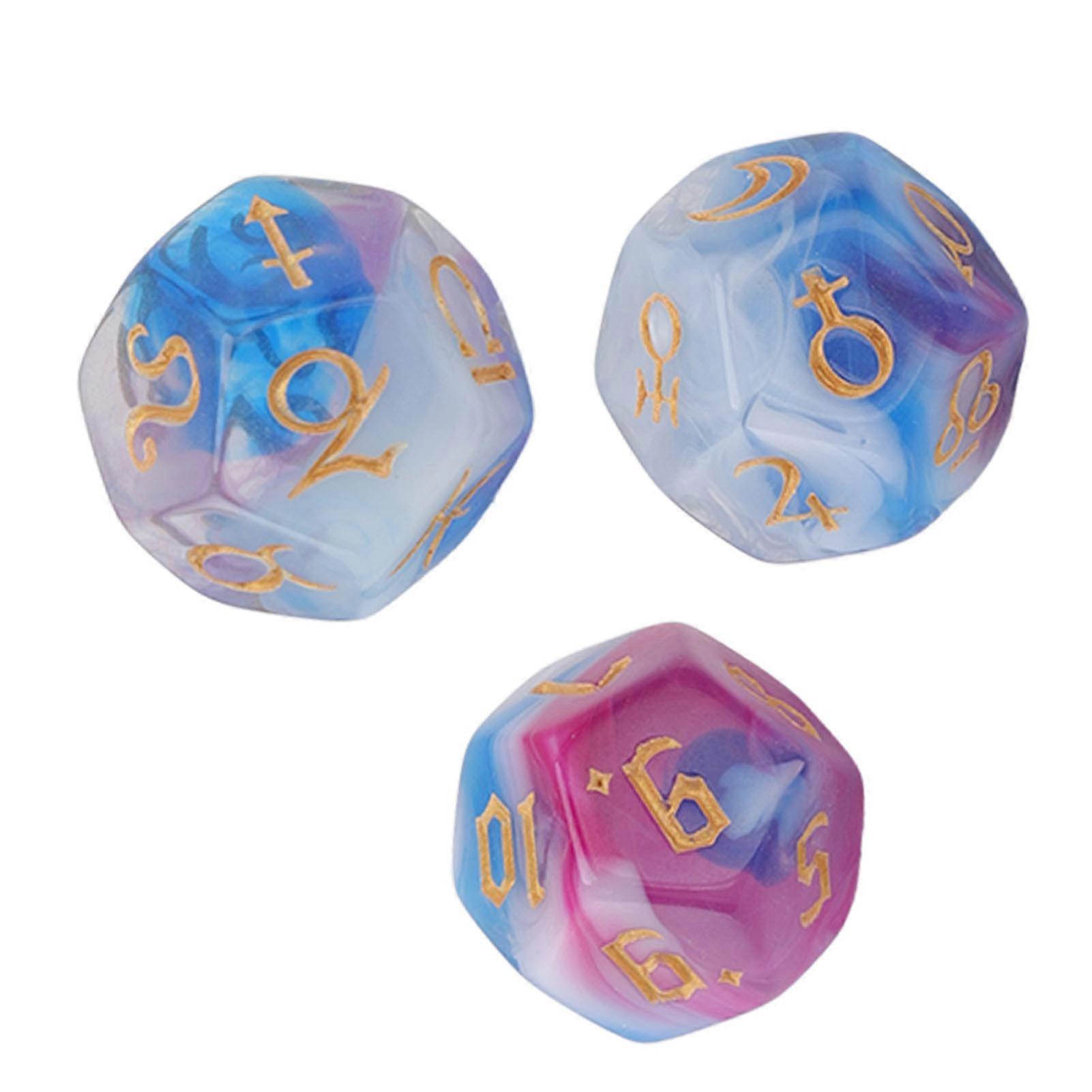 3PCS Astrological Dice Set 12 Sides Glitter Rune Dice Easy to Read for Table Board Game Toys Type 3 