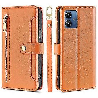 For Motorola Moto G14 4G Phone Case Zipper Pocket Leather Phone Holder Protective Case with 2 Straps - Orange (Orange)