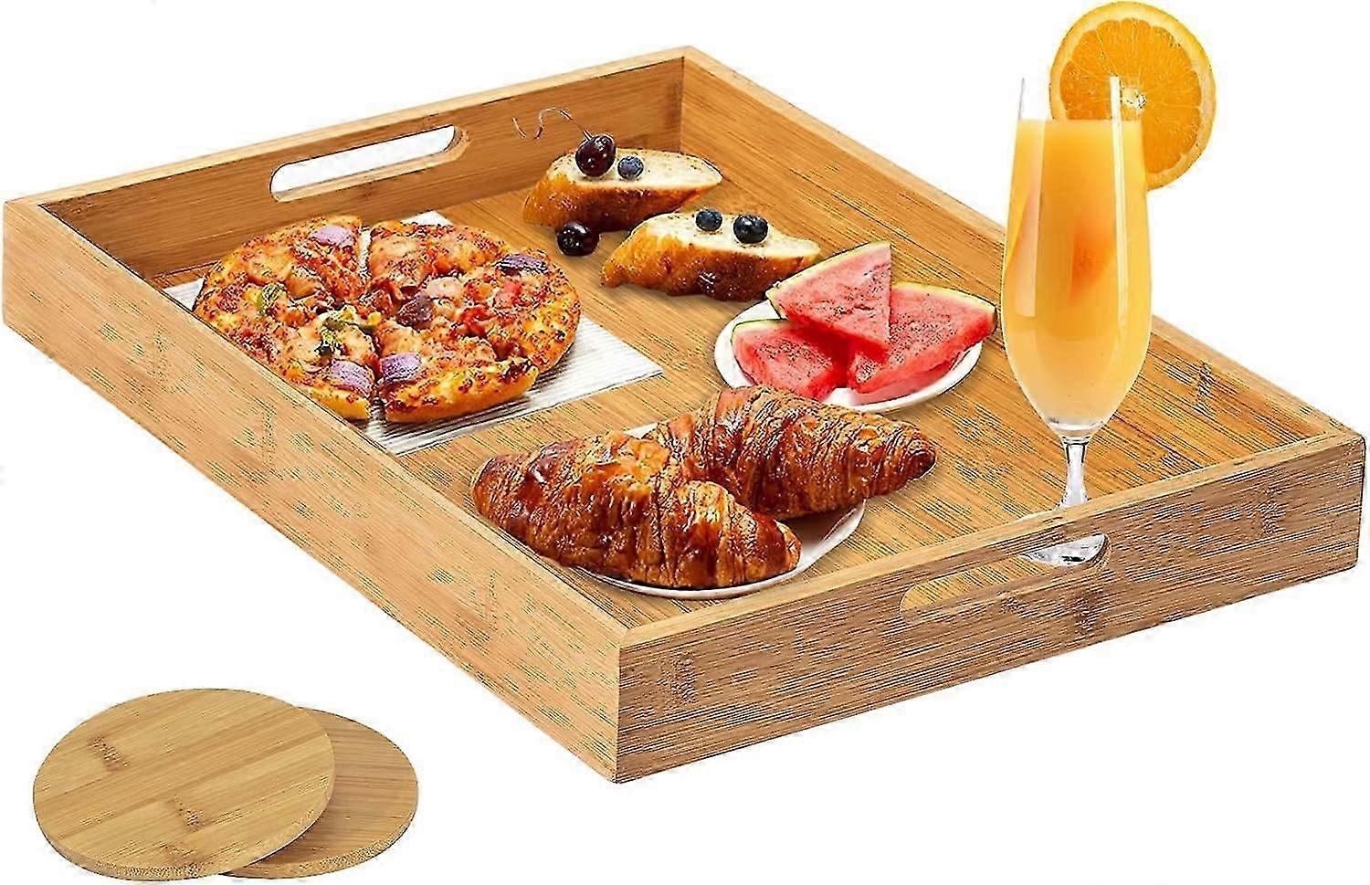 Large Rectangular Bamboo Serving Tray with Handles for Dinner, Breakfast, and Tea