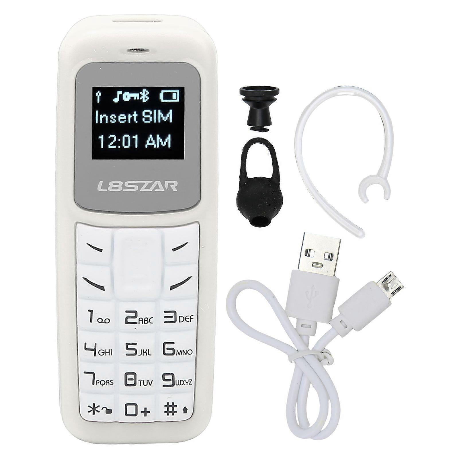Mini Mobile Cell Phone Small Mobile Phone Bluetooth Headset Dialer with Ear Hook Support SIM 0.66inch White