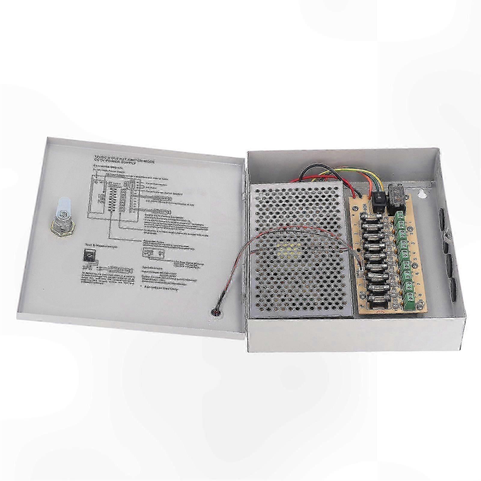 12V 10A 9-Channel CCTV Power Supply with Lock, 110V-220V Input for Security Systems