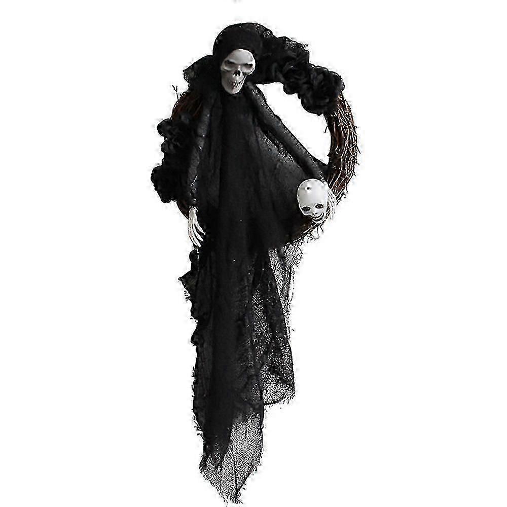 Halloween Wreath, Spooky Skull Wreath with Artificial Flowers, Halloween Wreath Decorations for Front Door, Indoor/Outdoor Holiday Prop