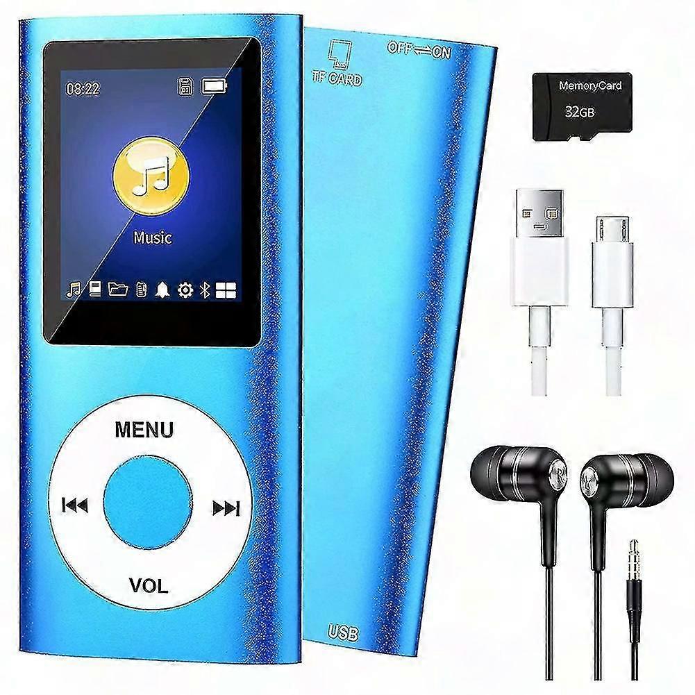 Bluetooth 5.0 MP3 Player with 32GB TF Card, FM Radio, Earphones, Portable HiFi Music Player (Blue)