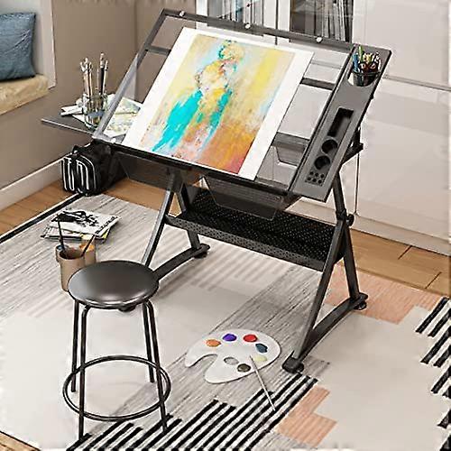 Drafting Desk Height Adjustable Glass Writing Desk With Stool, Tiltable Draft Table Craft/Art Desk, 2Drawer