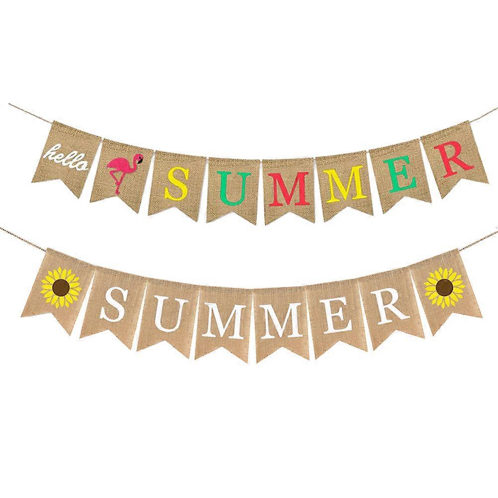 Hello Summer Pull Flag for Party Decoration 4Pcs Burlap Banner Garland
