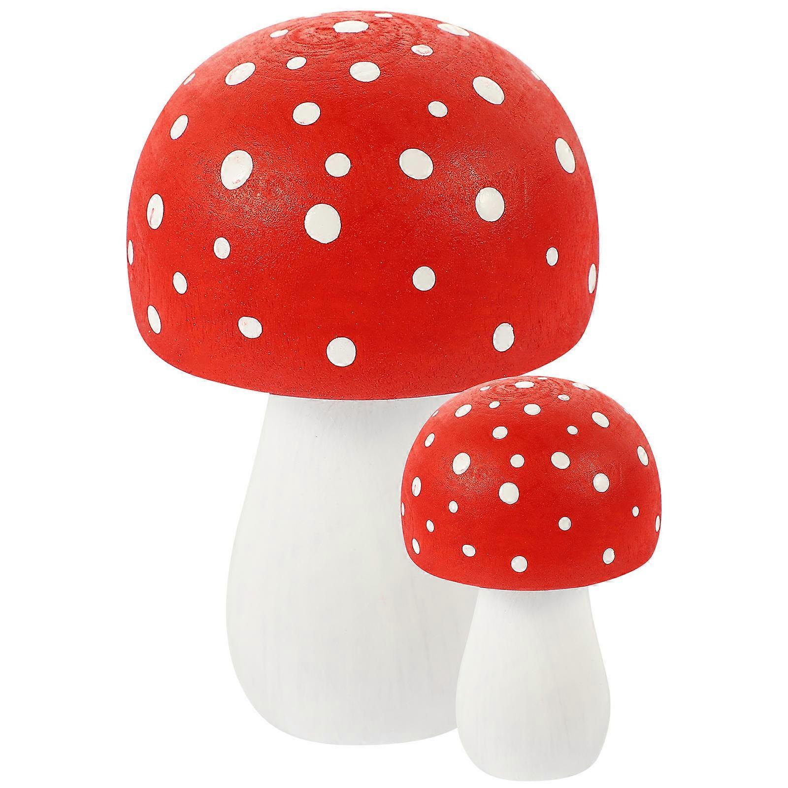 Wood Mushroom Ornaments for Decoration Set with 2Pcs Red Figures