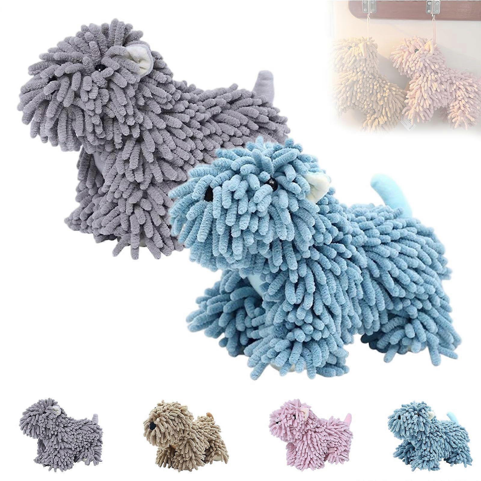 Chenille Hand Towel, Fuzzy Ball Texture, Hanging Loop, Quick Dry Animal Design Towel For Bathroom, Grey Blue
