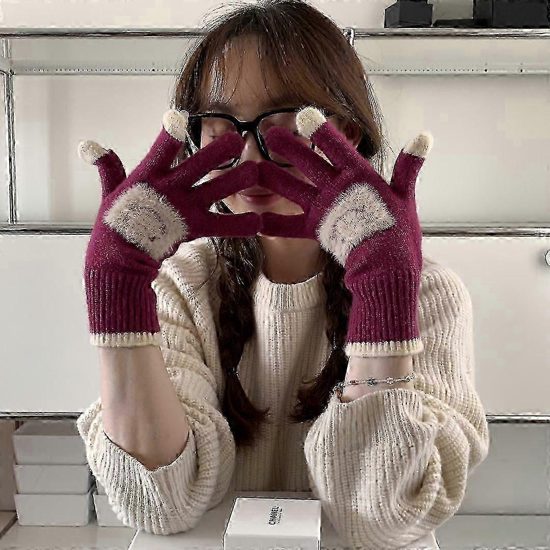 Cute split finger smiley face gloves, winter warm touch screen, five finger knitted gloves