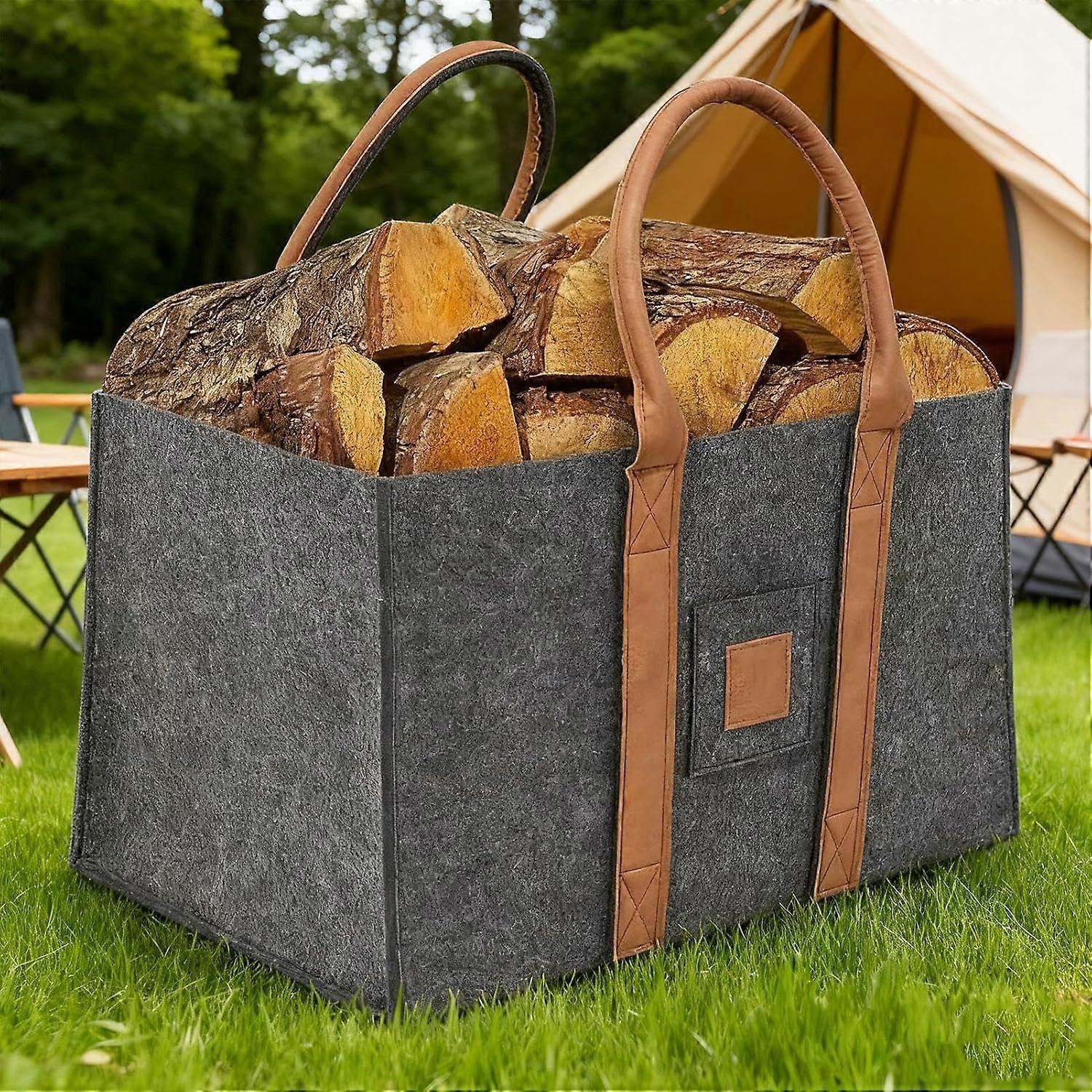 Log Carrier Folding Felt Container, HeavyDuty Wood Bag With Handles, Indoor Outdoor Fireplace Use